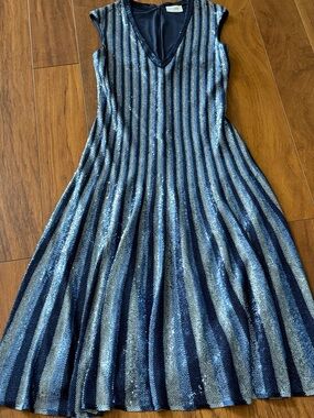 St. John Navy and Light Blue Sequin Striped Midi Dress
